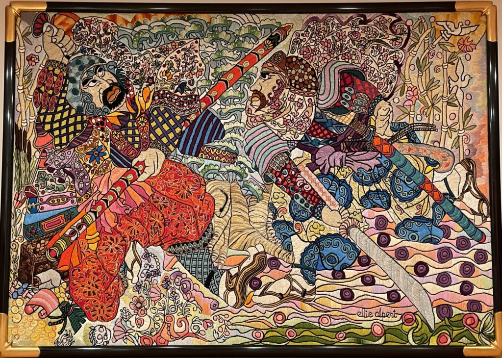 199F, Samurai Warriors, Fiber Art - silk thread on linen Dimensions: W 52" X H 37" Collection: Private