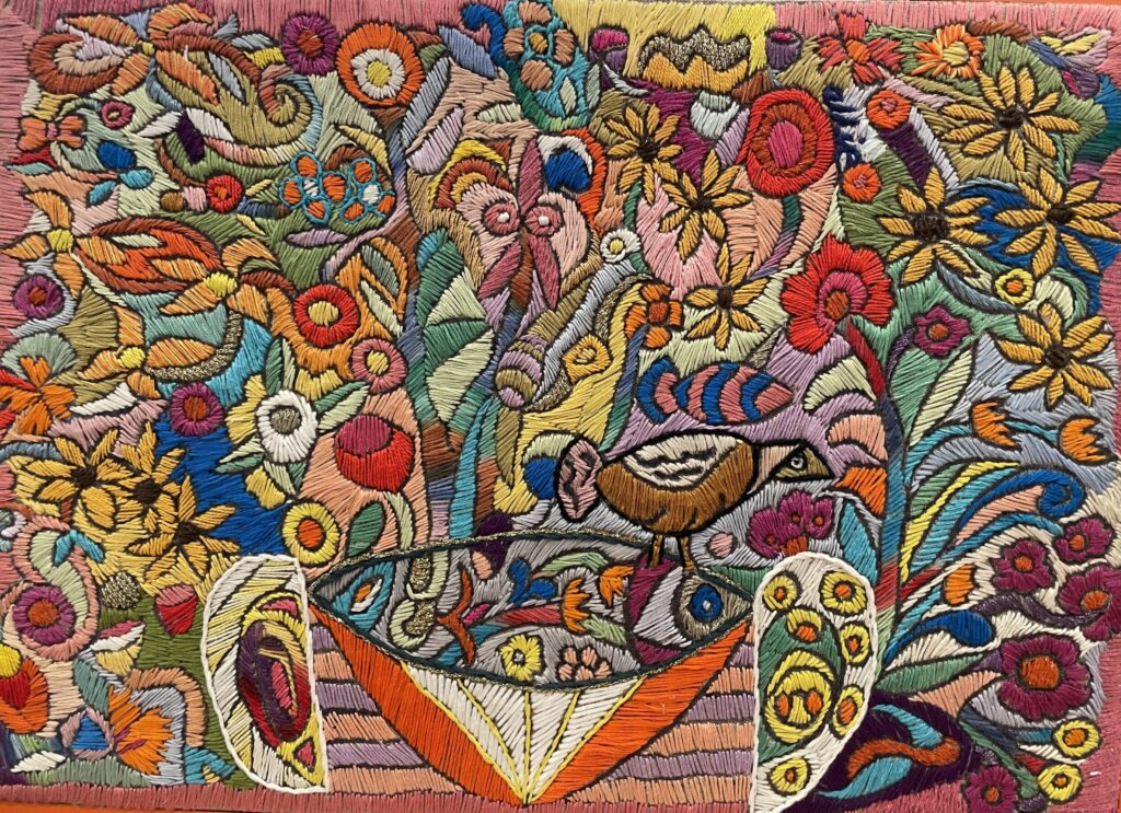 209F, Floral with Bird and Fish, Fiber Art - silk thread on linen Dimensions: W 18.25" x H 13.25" Collection: Private