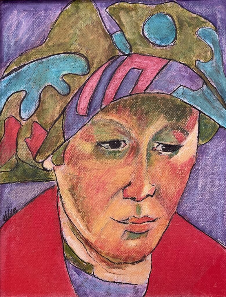 210A, Woman in Red Coat, Acrylic Dimensions: W 9.5" x H 12.75" Collection: Private